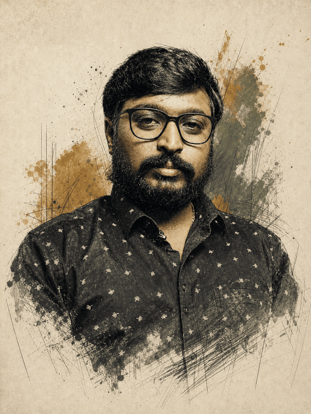 An editorial ink portrait of Rohith Sampathi